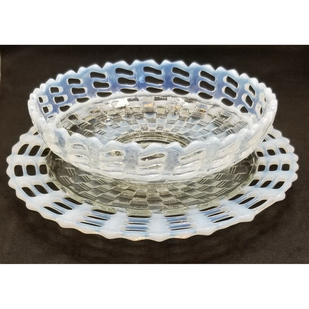 Imperial Glass Opalescent Open Lace Bowl & Plate Set Vintage Basket Weave